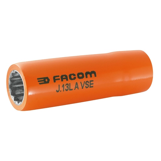 Facom insulated socket J_18LAVSE, orange, side angle, VSE series tool with visible branding and splined interior.