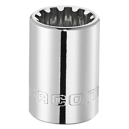 Facom J_18S silver 12-point socket tool, photography, front angle on white background.