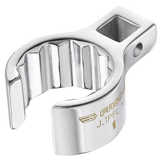 Facom J_1PFL chrome-finished open-end crowfoot wrench, angled product photo on white background.