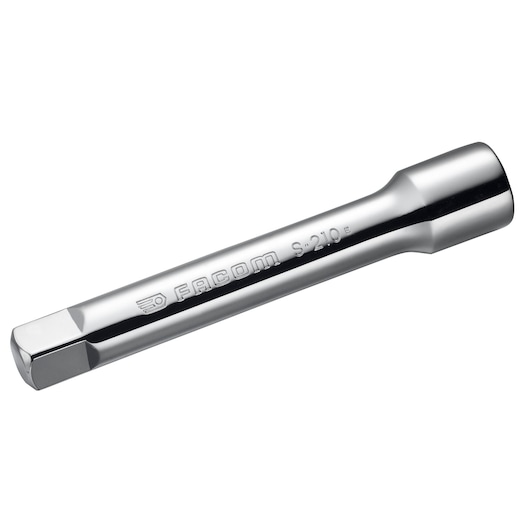 Facom J_210 chrome hex socket bit, side angle, with engraved branding on shaft, on white background.