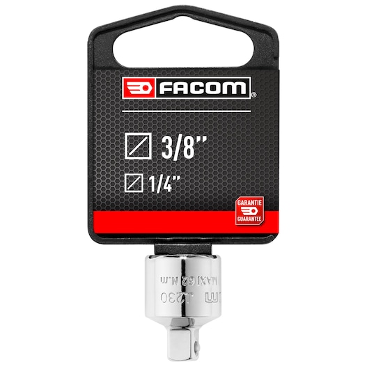 Photo of Facom coupler adapter 3/8 to 1/4, chrome finish, SKU COUPLER_3/8_TO_1/4, front angle, on white background.