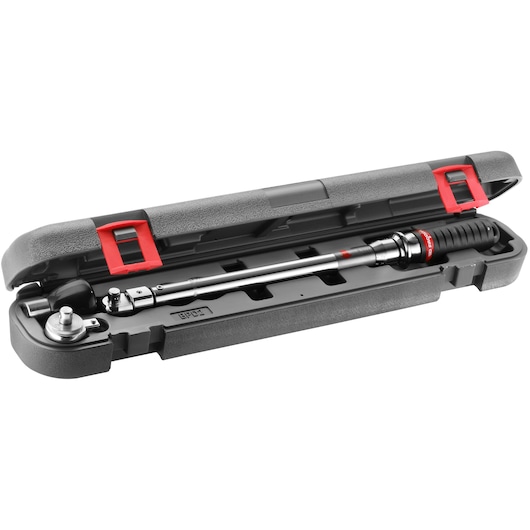 A Facom torque wrench placed inside a hard plastic carrying case with red latches. The case is open, displaying the silver and black wrench securely stored in its molded compartment.