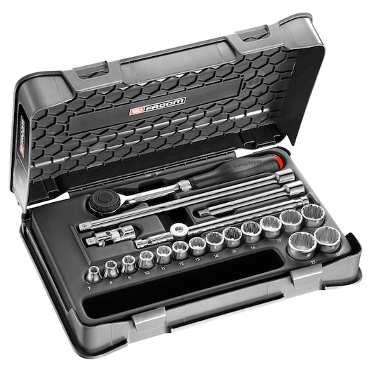 Facom socket wrench set J_360-3P12 with ratchet, sockets, extensions in black hard case, top view.