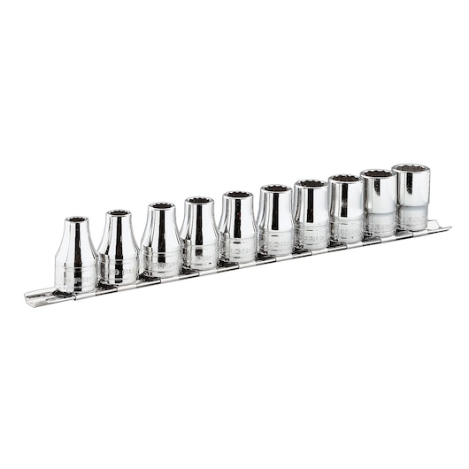 Facom J_40E socket set, 10-piece, chrome finish, on rail, front angle on white background.
