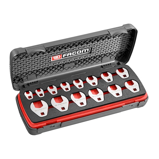 Facom J_J14CF set of open-end crowfoot wrenches in foam inlay, red and silver, in a hard plastic case, angled view.