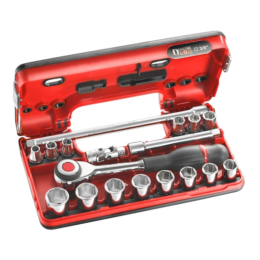 3/8" socket set, 18 pieces, DBOX, twist handle ratchet