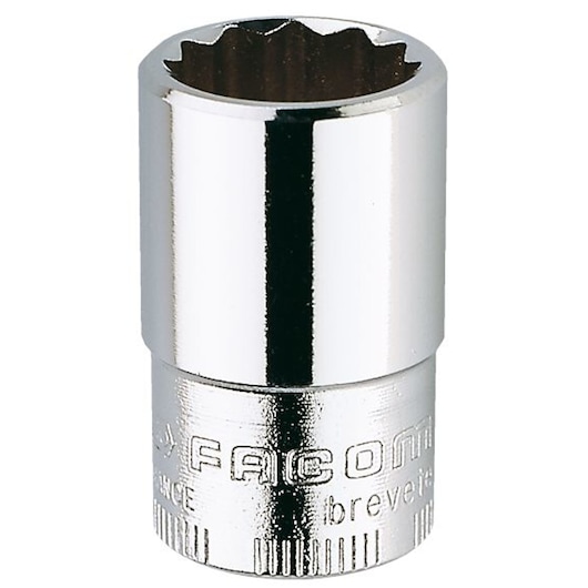 Facom JB.9/16 chrome socket, twelve-point, front angle, tool photography.
