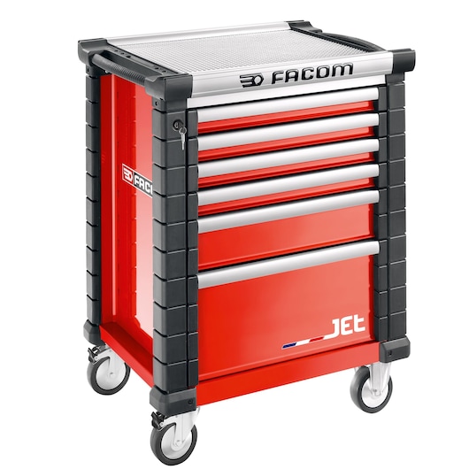 Facom JET.6M3A red rolling tool cabinet with six drawers and side handles, front angle, white background.