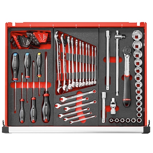 Facom JET.6M3A tool tray set with screwdrivers, hex keys, wrenches, sockets, and ratchet, top view.