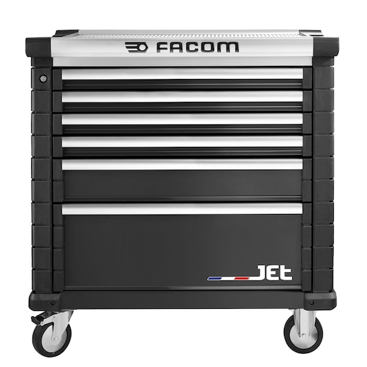 Facom JET.6NM4A tool chest with six drawers, black and silver, front angle, photography.