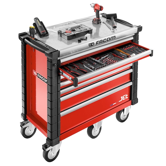 Facom JET.7M5A red tool trolley with open drawer showing assorted hand tools, photographed at front angle.
