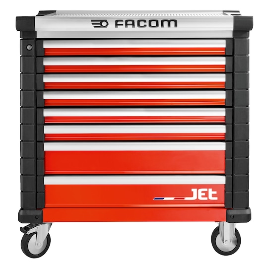 Facom JET.8M4A red tool chest with eight drawers and wheels, front angle, photography product.