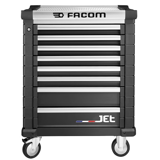 Front view of Facom JET.8NM3A photography black tool chest with seven drawers and caster wheels.