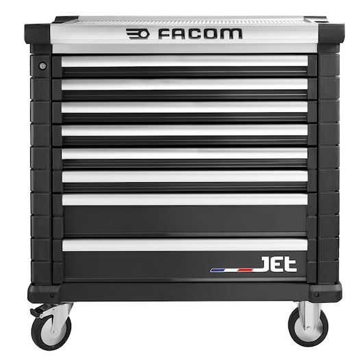 Front view photo of Facom JET.8NM4A black tool chest with multiple drawers and caster wheels.