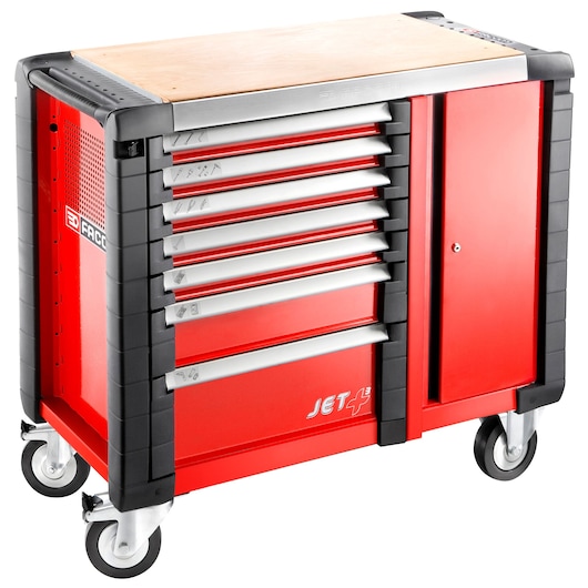Facom JET_A14M5 red rolling tool cabinet with seven drawers, lockable door, wood top, front angle, white background.