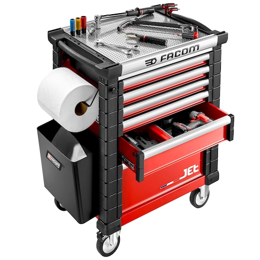 Facom JET_A5-3GXL tool trolley with drawers, tools, waste bin, and paper roll, front angle photo.