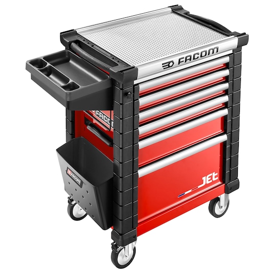 Facom JET_A5GXL red and black rolling tool cabinet with seven drawers, side tray, and side bin, front angle.