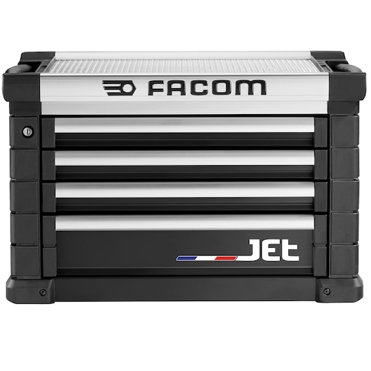 Front angle photo of Facom JET.C4NM3A black and silver tool chest with three drawers and Jet logo.