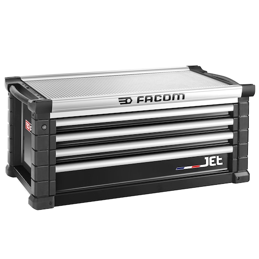 Facom JET.C4NM5A black and silver tool chest with four drawers, front angle on white background.