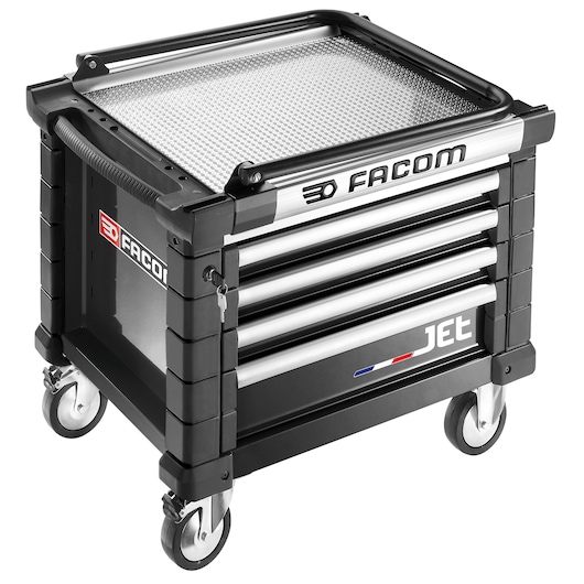 Facom JET.CR4NM3A rolling tool chest with four drawers, black and silver, angled view on white.