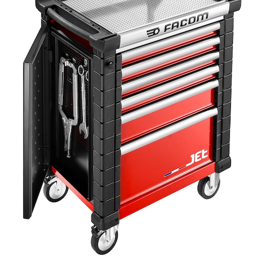 Facom JET.LA8 red and black rolling tool cabinet with six drawers and open side storage showing hanging tools, front angle.