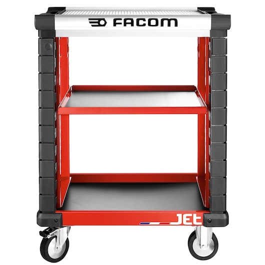 Facom JET.UC3SM3A red and black tool cart with three shelves, front angle, photography product.