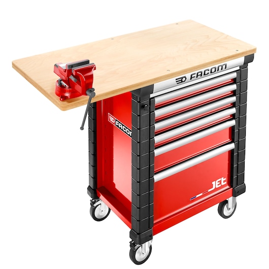 Facom JET.WA14M5 red rolling tool cabinet with wood worktop, multiple drawers, vise attached, studio angle.