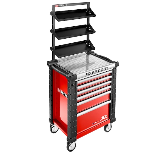Facom JET.WA22-5 red tool trolley with five drawers and three black tilting shelves, front angle view.