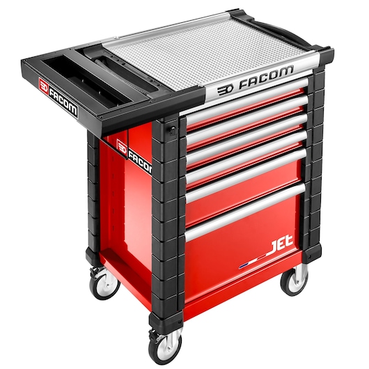 Facom JET.WA5-1 red tool storage cart with five drawers and side organizer, angled front view, photography on white.