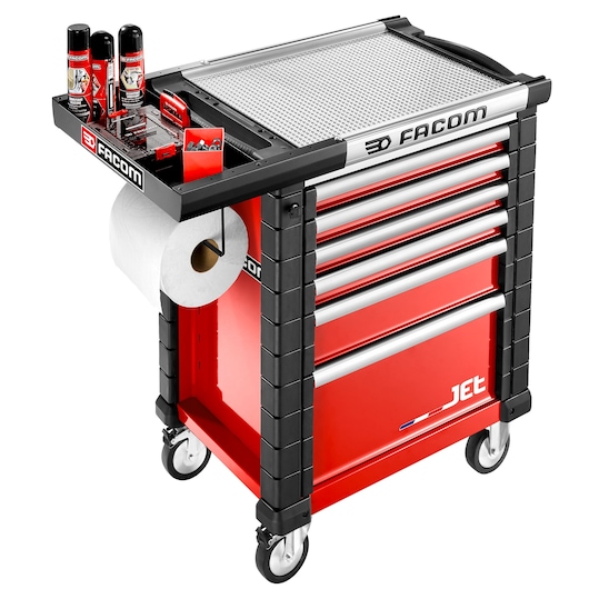 Facom JET.WA5-1 red and black rolling tool cabinet with five drawers, side tray, and paper roll holder, front angle.