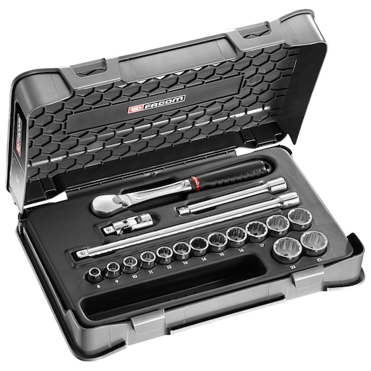 Facom socket wrench set JL_161-2P12 in black case, showing ratchet, extensions and multiple sockets, front angle.