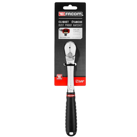 Facom JL_161PB dust proof ratchet with black ergonomic handle in retail packaging, photographed on white background.