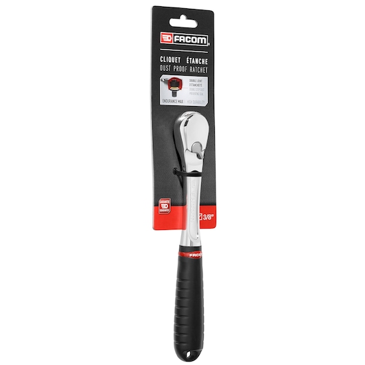 Facom JL_161PB dust proof ratchet with black handle, chrome finish, shown in packaging, front view.