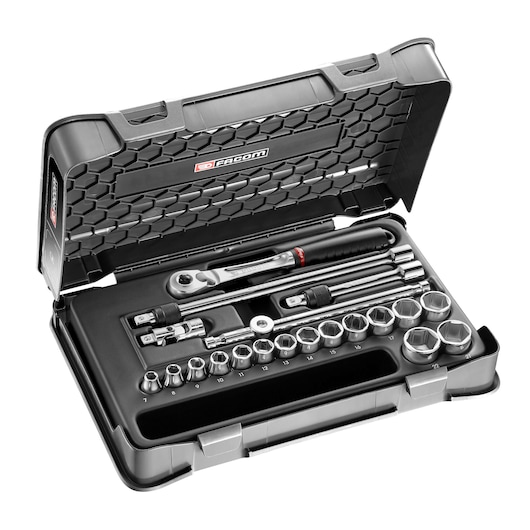 Facom JL_171-3P6 socket set with ratchet, extensions, and sockets in black case, top angle.