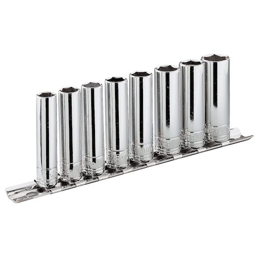Facom JL_41E chrome socket set on rail, product photography, side angle, tool category.