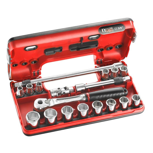 Facom JL_DBOX500 socket wrench set in red case, open front angle showing ratchet and multiple sockets.