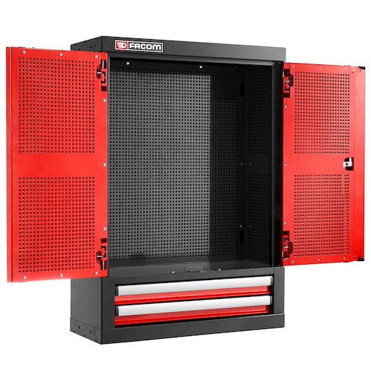 Facom JLS3-2202 wall-mounted tool cabinet with open red perforated doors and two drawers, front angle.
