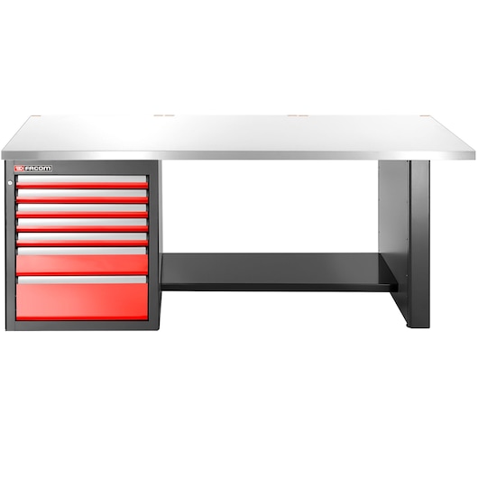 Facom workbench JLS3-2MS7DL with stainless steel top, seven red drawers on left, black shelf underneath, front angle.
