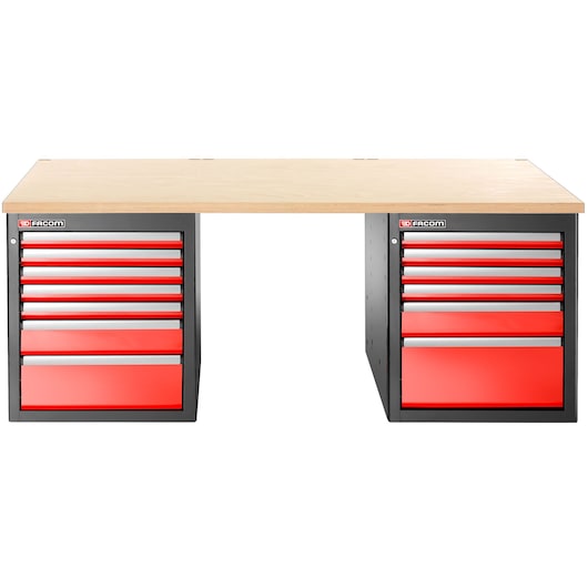 Facom JLS3-2MW13DL workbench with wooden top and red drawer cabinets, front view.