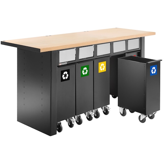 Facom JLS3-5BINS recycling station with wood top and five wheeled bins, front angle.