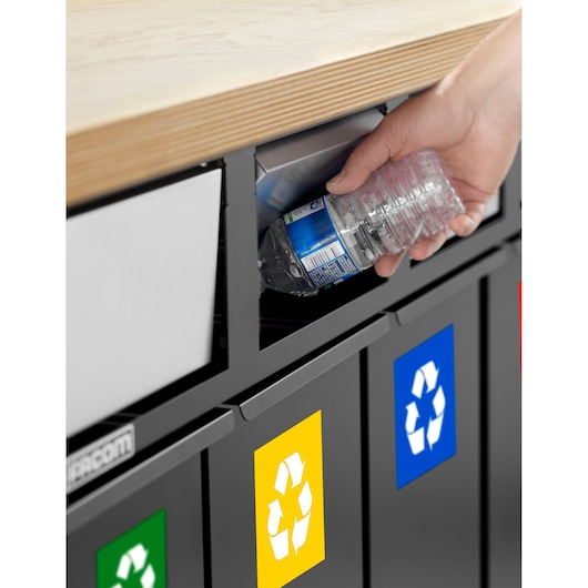 Facom JLS3-5BINS recycling bin unit with three colored recycling labels, photo shows a hand inserting a plastic bottle.