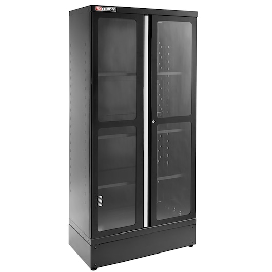 Facom JLS3-A1000PVBS storage cabinet with black metal frame, glass double doors, and adjustable shelves, front angle.