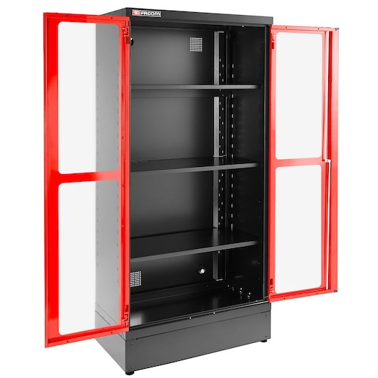 Facom JLS3-A1000PV storage cabinet with red frame, glass doors, and adjustable black shelves, front angle.