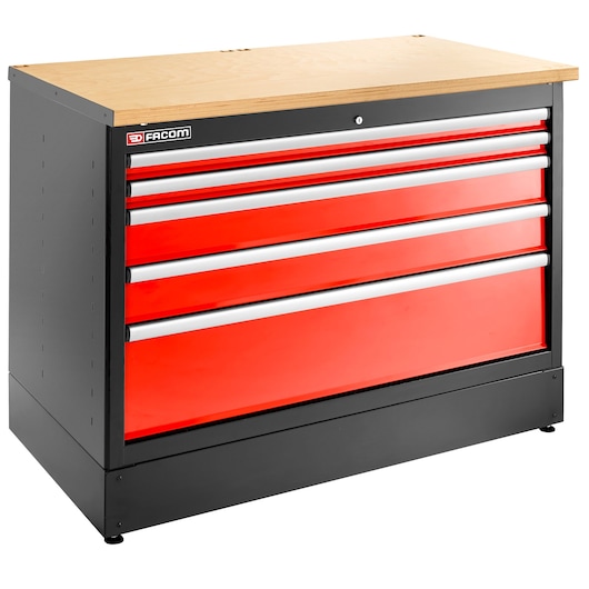 Facom JLS3-MBD5T tool chest with five red drawers, black frame, and wood top, angled front view.
