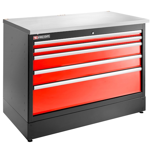 Facom JLS3-MBD5T tool chest with five red drawers and black frame, angled front view on white background.