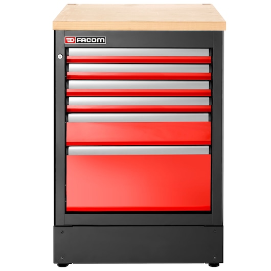 Facom JLS3-MBS6T tool chest with six red drawers and wood top, front angle on white background.