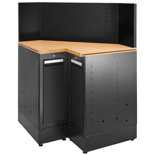 Facom JLS3-MBSCSWBS corner workstation with black metal cabinets, wood countertop, and black pegboard, photography, front angle.
