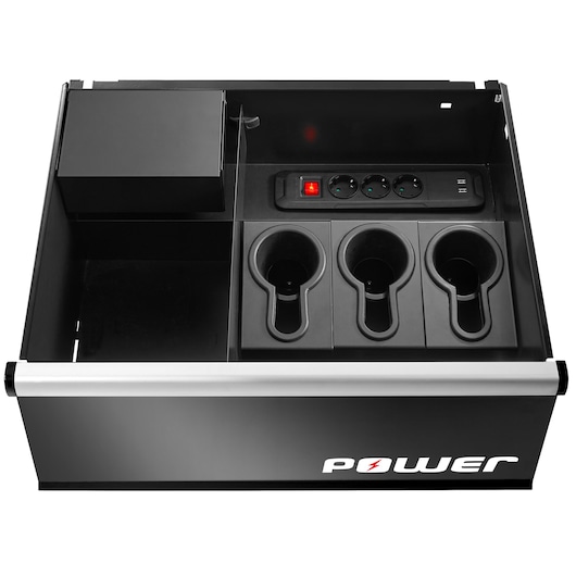 Facom JLS3-MBSPOWER drawer organizer with three tool holders, power strip, USB ports, and black finish, front angle.