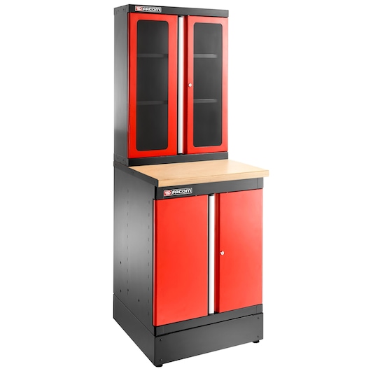 Facom JLS3-MBSPP photography of a red and black metal storage cabinet with wood countertop, front angle.