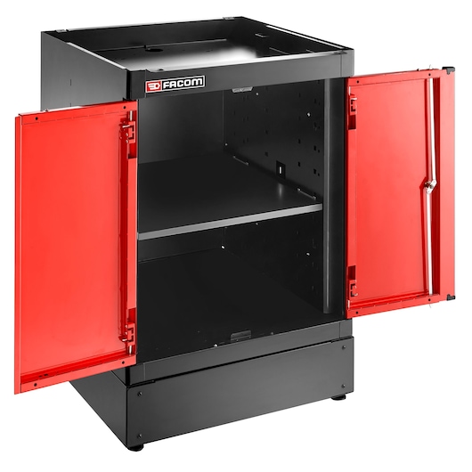 Facom JLS3-MBSPP black metal storage cabinet with two open red doors, shelf, and white background, front view.